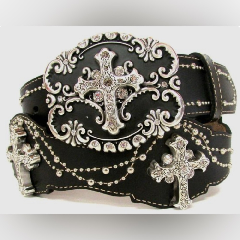 Justin Boots Leather Cross & Rhinestone Bling Belt Western Country Boho Bling